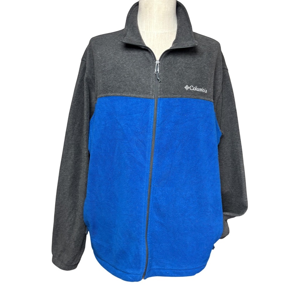 Columbia Jacket Mens 2XL Gray Blue Full Zip Fleece Colorblock Pockets Mock Neck